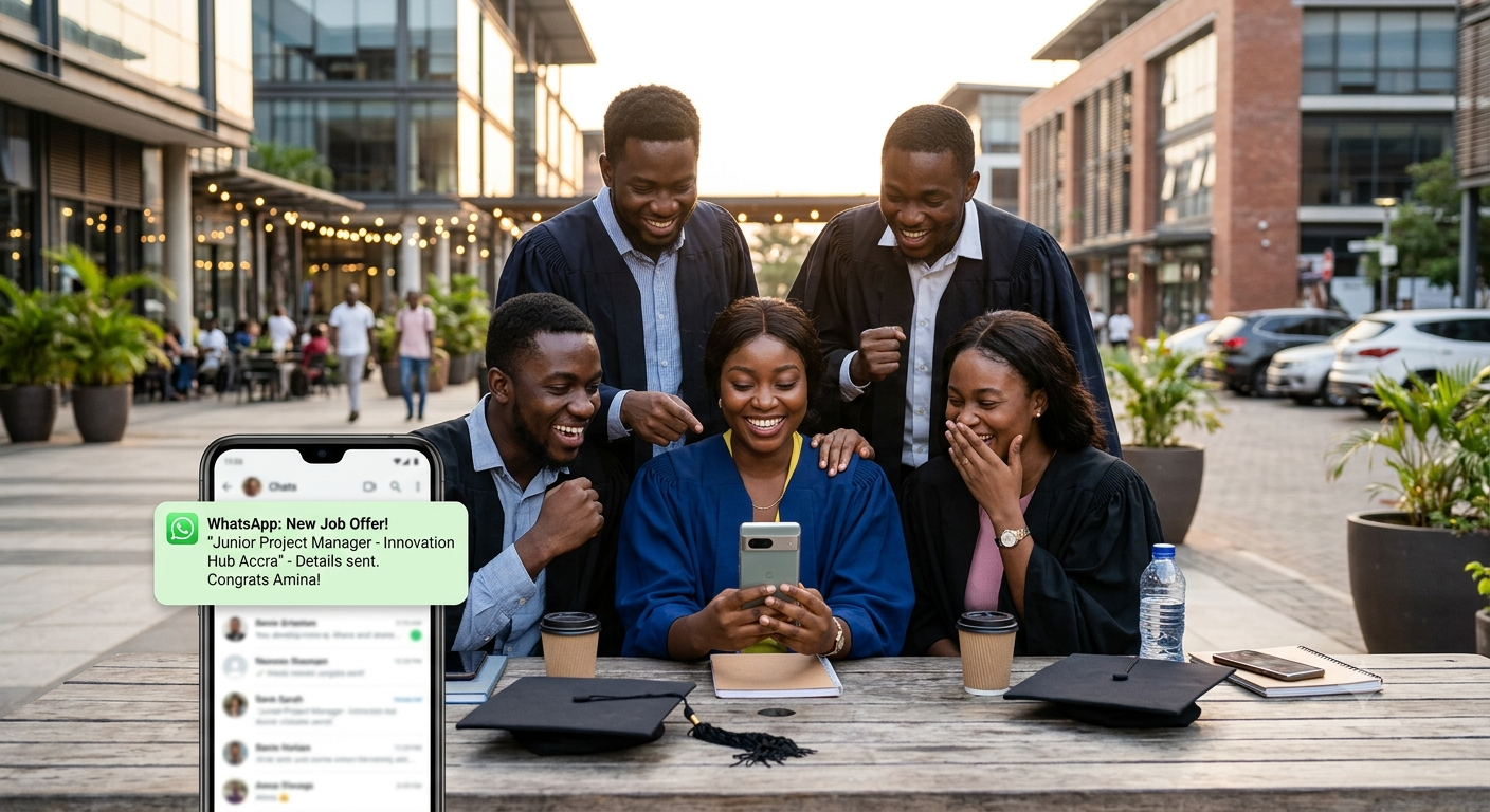 Jeunes diplômés célébrant une offre d'emploi reçue sur WhatsApp
