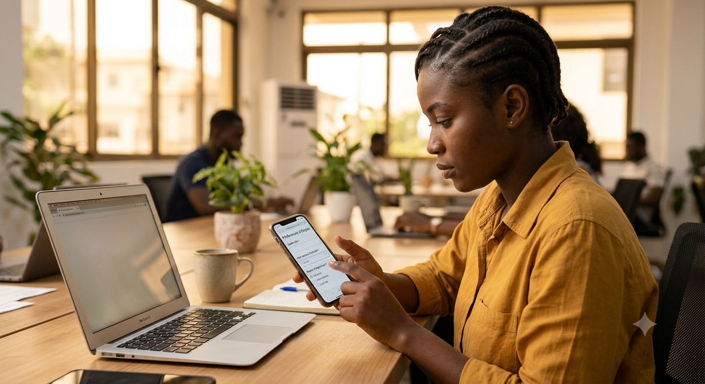 Jeune professionnelle consultant Tumaa sur son téléphone au bureau